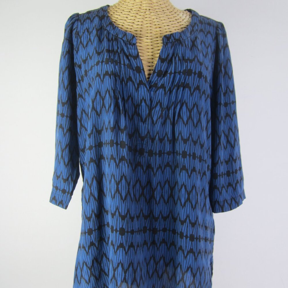 Plenty by Tracy Reese Women M Blue Black 100% Silk 3/4 Sleeve Shirt Top Tunic